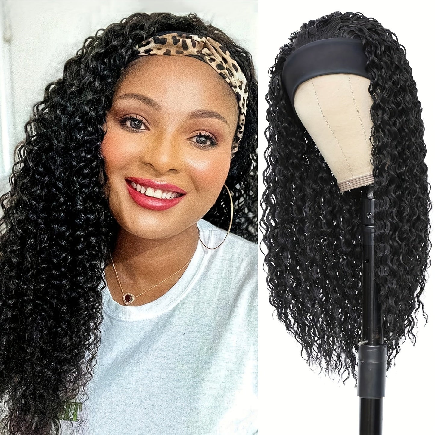 Black Curly Headband Wig in 12, 16 or 22 Inch Protected Length Options with Elastic Cap and Combs