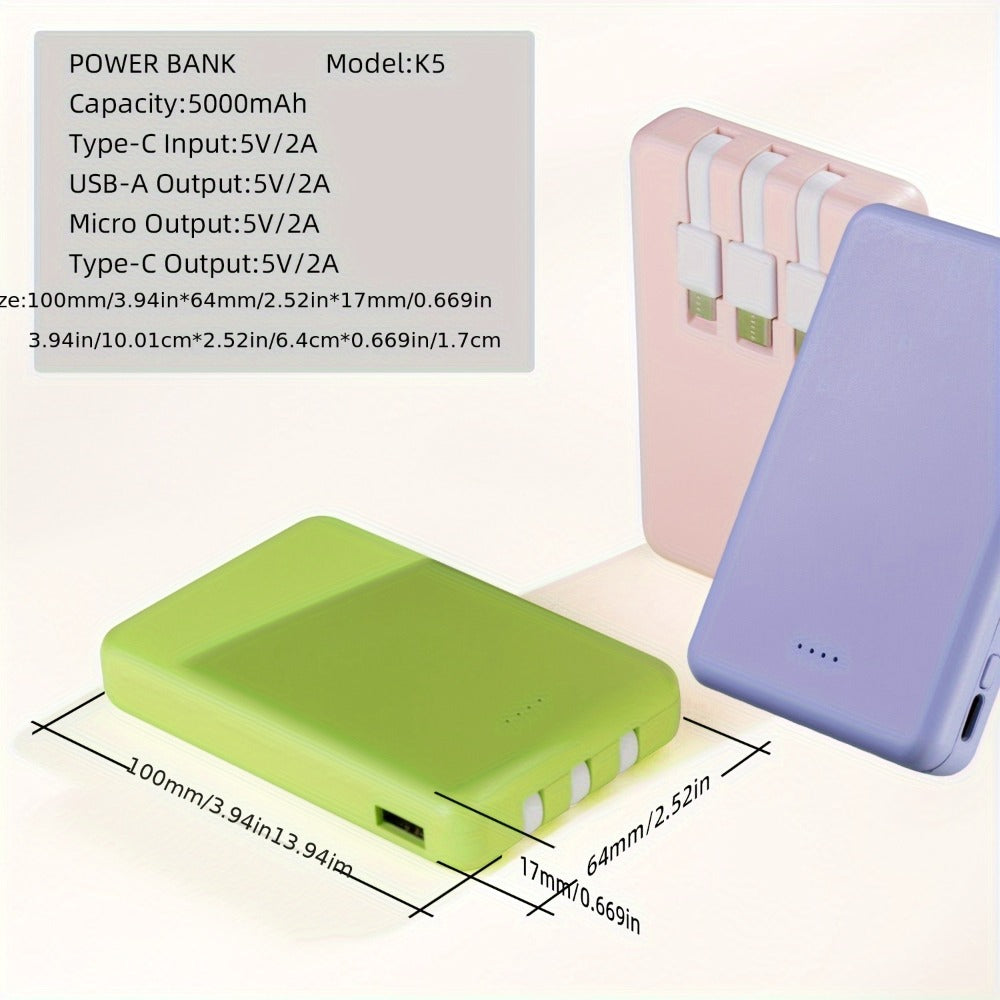 Slim Power Bank 5000mAh / 10000mAh with Built-in USB-C Cable, Charges 4 Devices Simultaneously, LED Indicator – Ultra-Compact Portable Charger for iPhone, Android, Travel, Everyday Carry