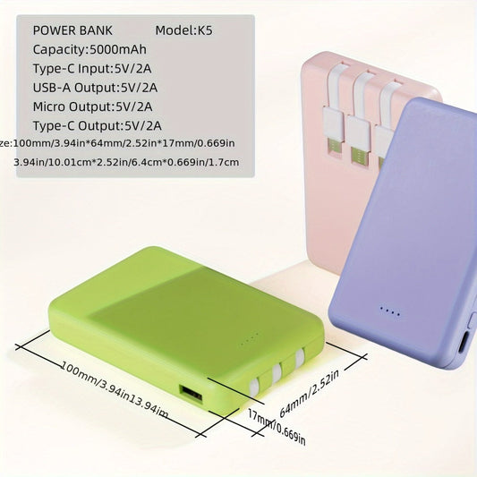 Power Bank Slim 5000mAh or 10000mAh with Built-In USB-C Cable, Four-Device Layout and LED Display