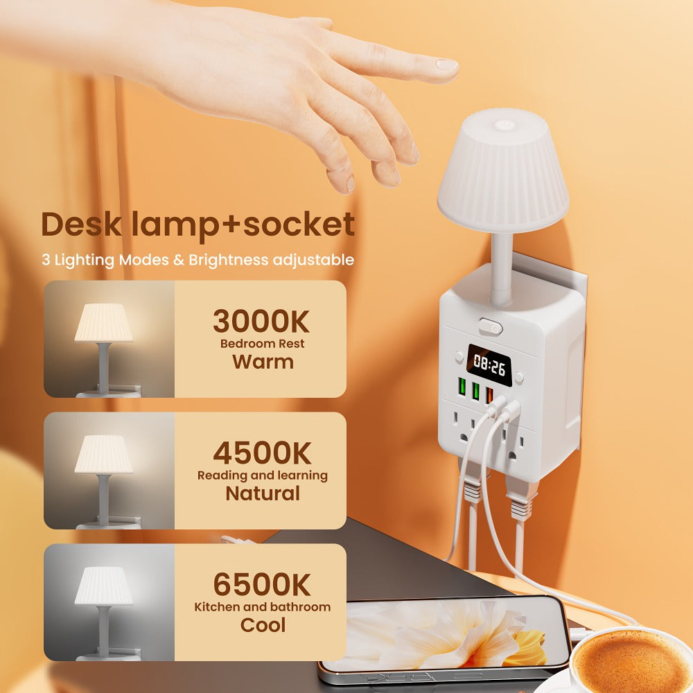 Power Strip Desktop Station with LED Clock, Desk Lamp, 4 AC Outlets, 3 USB-A, 2 USB-C and Master Switch
