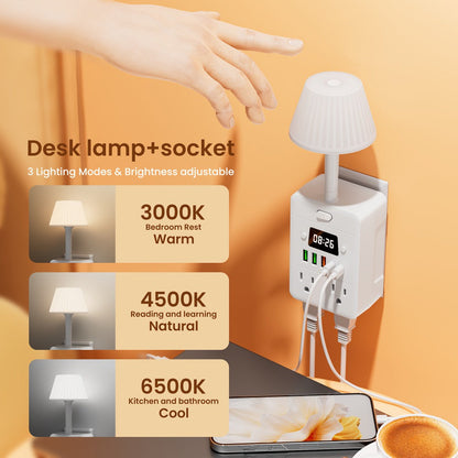 Power Strip Desktop Station with LED Clock, Desk Lamp, 4 AC Outlets, 3 USB-A, 2 USB-C and Master Switch