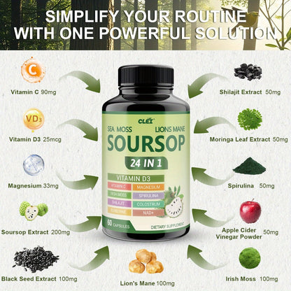 Herbal Supplement with CLEI Label, Soursop Graviola 24-in-1 Capsules, 60 Count, One or Two Bottles
