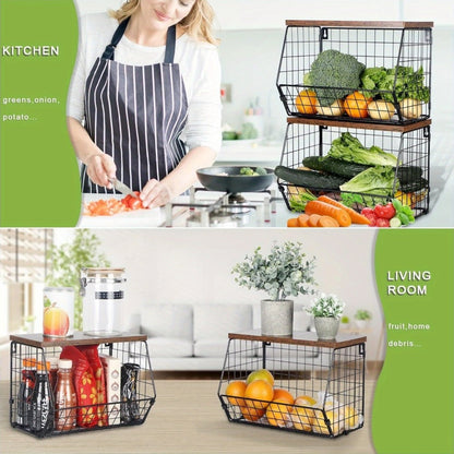 Wall-Mounted Fruit Basket with Wooden Cover - 2-Tier Metal Kitchen Storage Basket with Hooks, Stackable Hanging Organizer for Potatoes Onions Vegetables