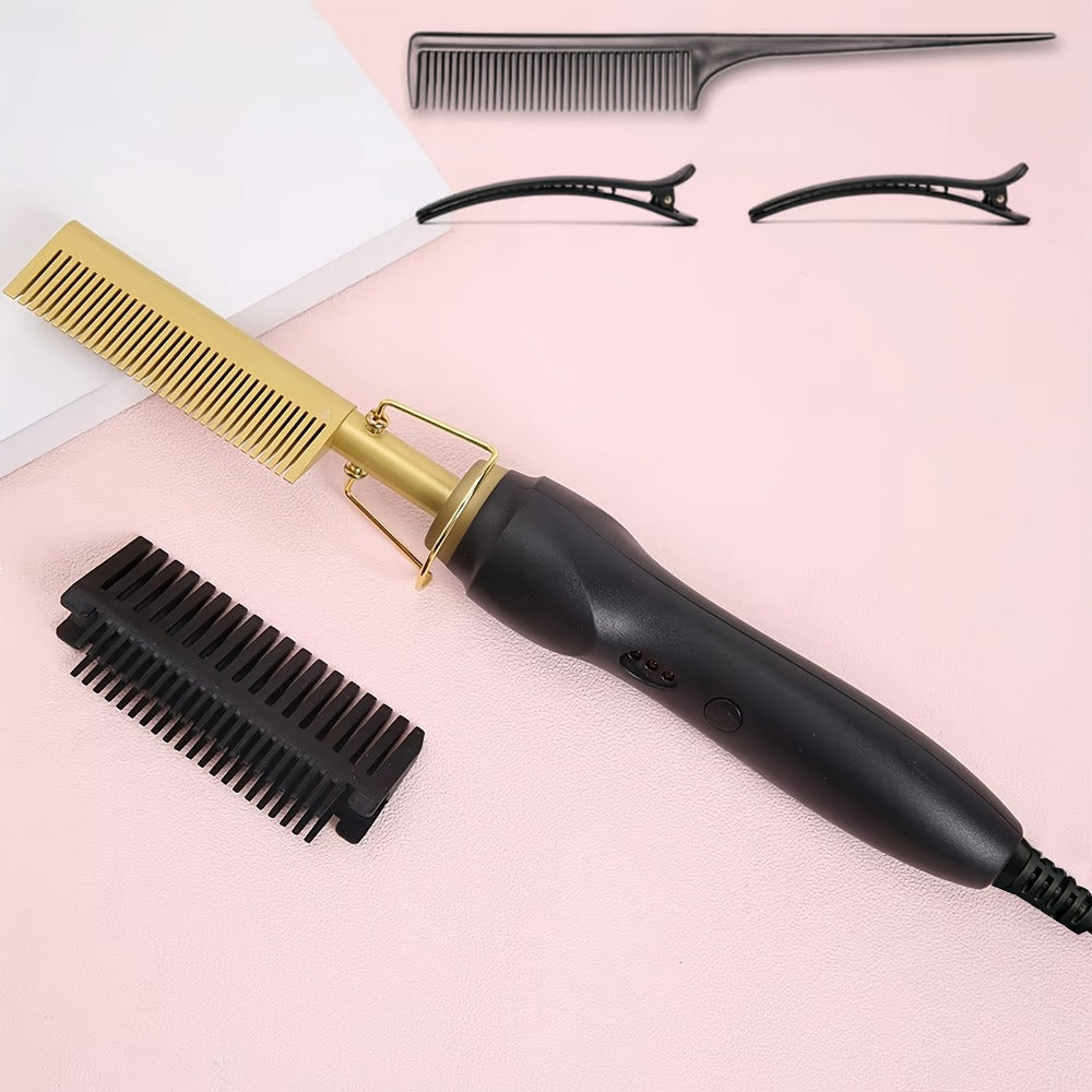 Electric Hot Comb Hair Straightener with Gold Titanium-Alloy Teeth, Detachable Guard and Adjustable Heat Controls