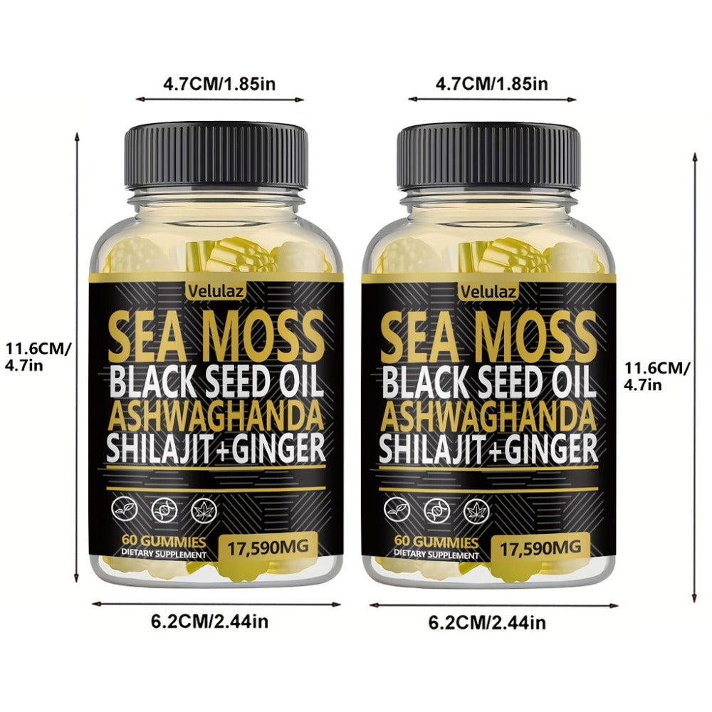Sea Moss Herbal Gummies, 60 Count with Black Seed Oil, Ashwagandha, Shilajit and Ginger Blend