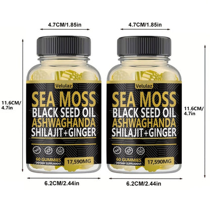Sea Moss Herbal Gummies, 60 Count with Black Seed Oil, Ashwagandha, Shilajit and Ginger Blend
