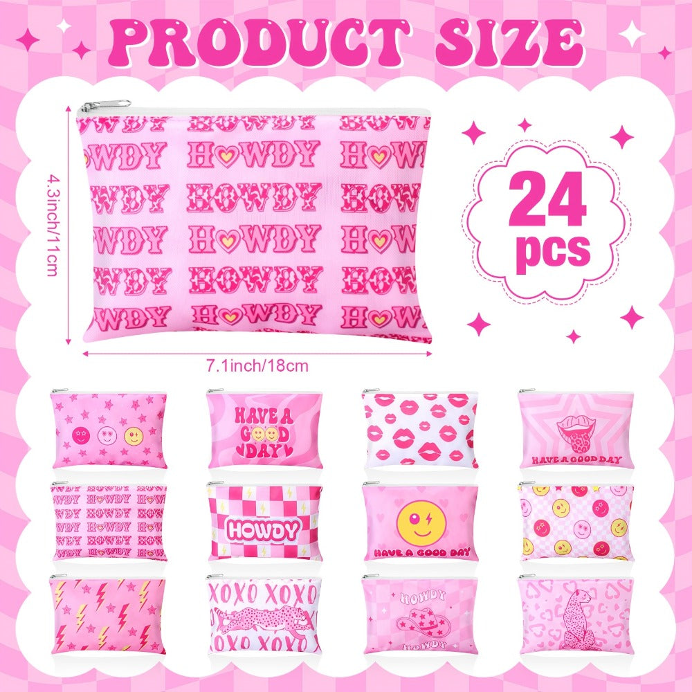 Bulk 24-Piece Pink Cosmetic Pouch Set with Mixed Western-Style Prints and Top Zipper Closures