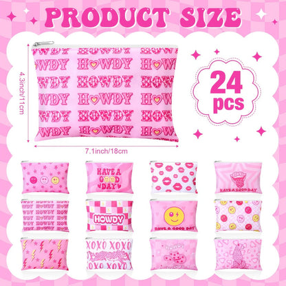 Bulk 24-Piece Pink Cosmetic Pouch Set with Mixed Western-Style Prints and Top Zipper Closures