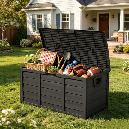 75-Gallon Pure Black Outdoor Storage Box with 44-Inch Pictured Width, Hinged Lid and Side Handles