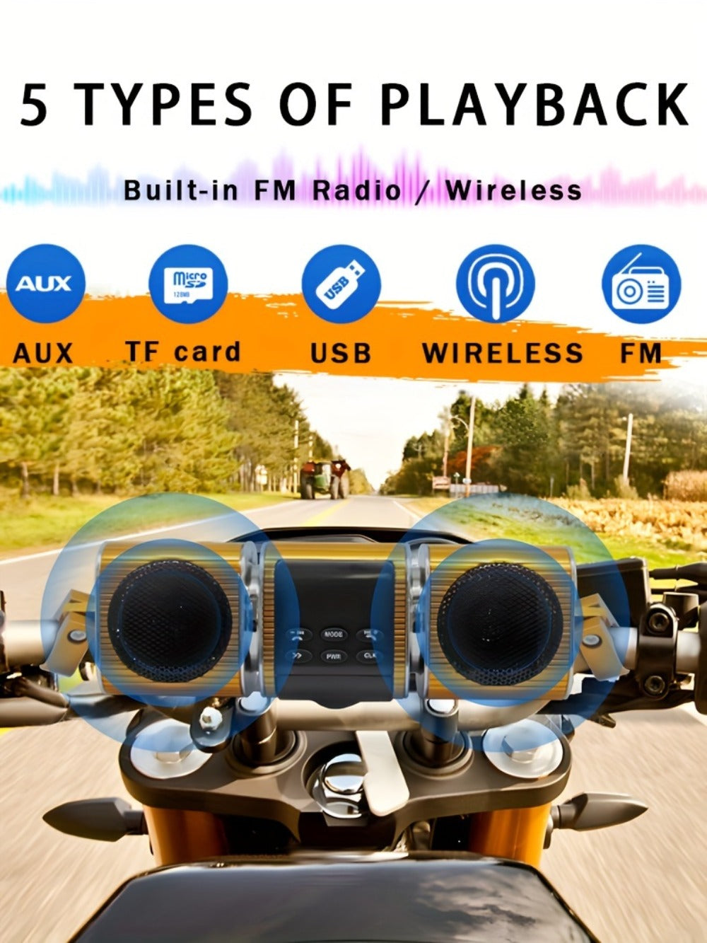 Motorcycle Bluetooth Speaker Sound Bar with Built-in Amplifier – IPX5 Waterproof, FM Radio, USB & AUX Input, 12V Metal MP3 Player for Handlebar, ATV, Scooter & Off-Road Bike