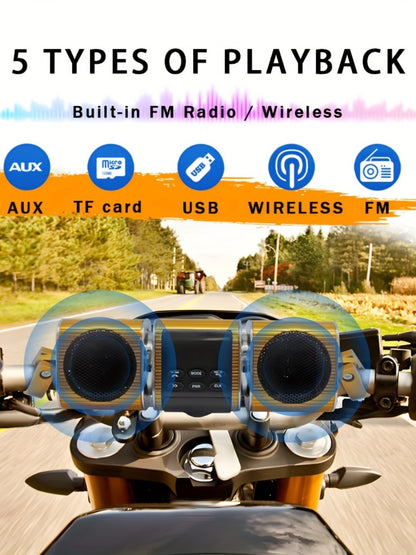 Motorcycle Bluetooth Speaker Sound Bar with Built-in Amplifier – IPX5 Waterproof, FM Radio, USB & AUX Input, 12V Metal MP3 Player for Handlebar, ATV, Scooter & Off-Road Bike