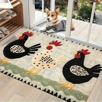 Rooster Print Door Mat with Light Striped Field and Fringed-Look Border in Three Rectangles or One Runner