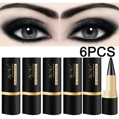 Compact Six-Piece Black Cone-Tip Eyeliner Pen Set with Six Matching Sticks in Black and Gold Cases
