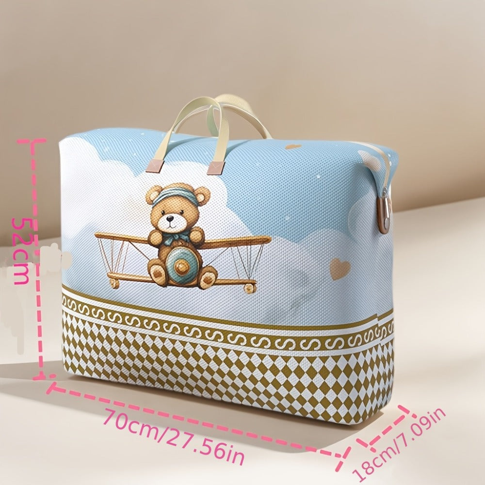 Large Zippered Bedding Storage Bag with Airplane Bear Print, Carry Handles and Exact One-Piece Size Option