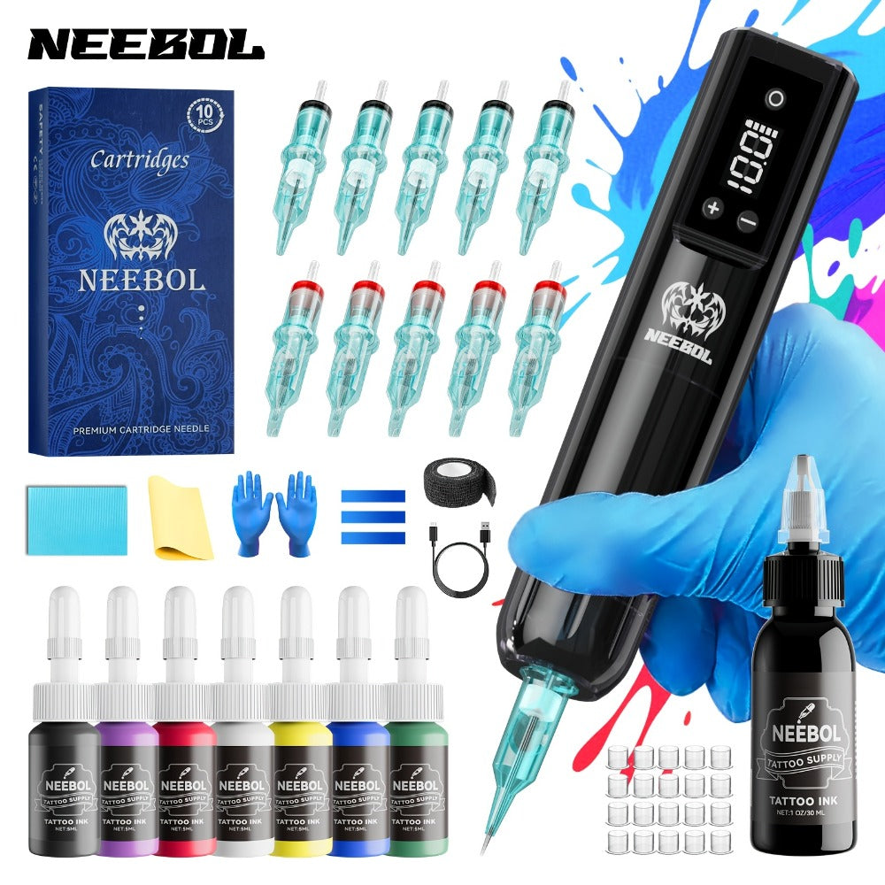 Tattoo Machine Kit Neebol Cordless Rotary Pen with 2000mAh Battery, 10 Cartridges, 7 Inks and Green Soap