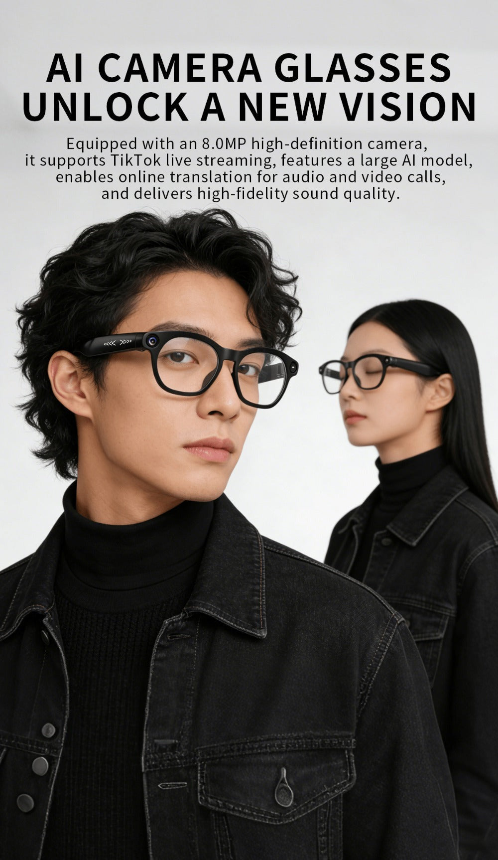 Smart Glasses 8MP Camera Eyewear with Translation, Object Recognition, Touch Control and Bluetooth Audio