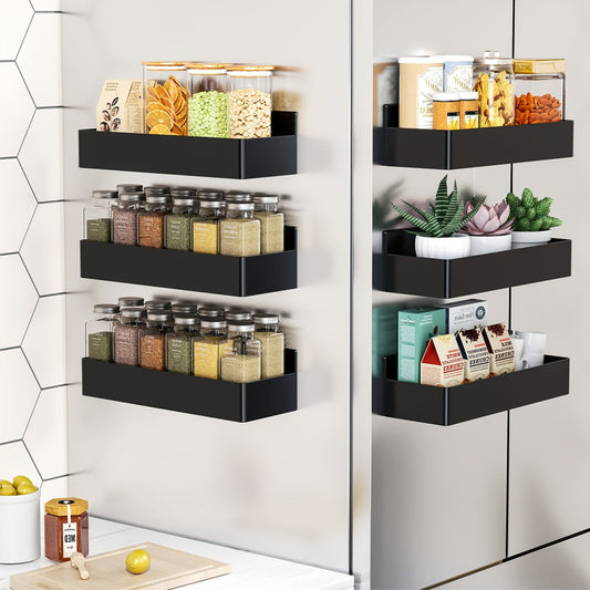 Magnetic Spice Rack Wall Mounted No Drill 6-Piece Set Heavy Duty Magnetic Storage Shelf for Refrigerator Microwave Washer Dishwasher - Kitchen Bathroom Coffee Bar Organizer Black White