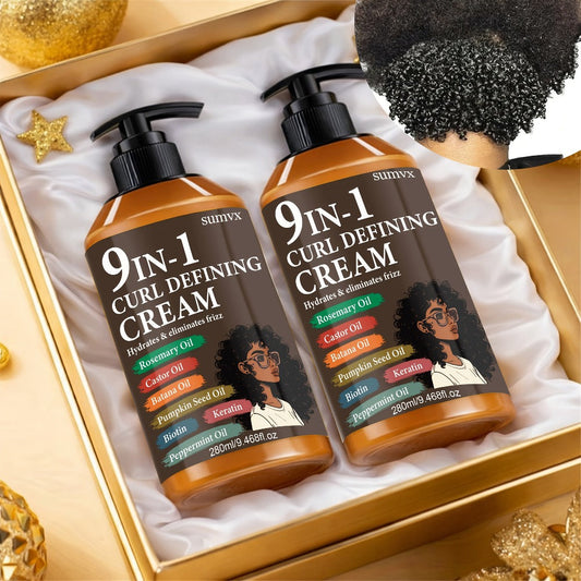 9-in-1 Curl Defining Cream 2-Pack 9.468 fl oz Each — Long-Lasting Hold, Frizz Control, Deep Moisture, Heat Protection, Non-Greasy Curl Styler for Wavy Curly Normal Hair, Unisex