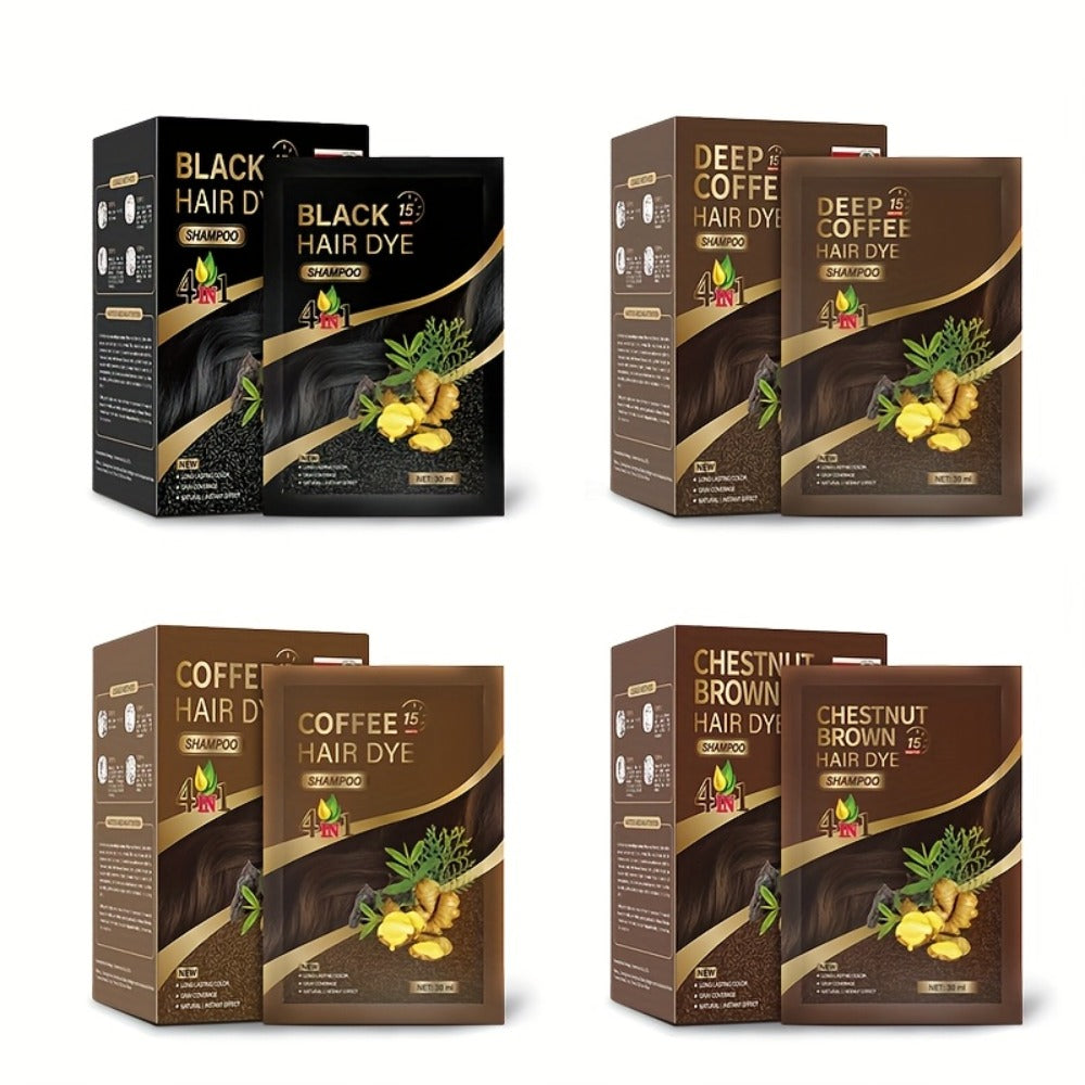 Hair Color Shampoo Sachets 10-Pack with Black, Deep Coffee, Coffee and Chestnut Brown Shade Options