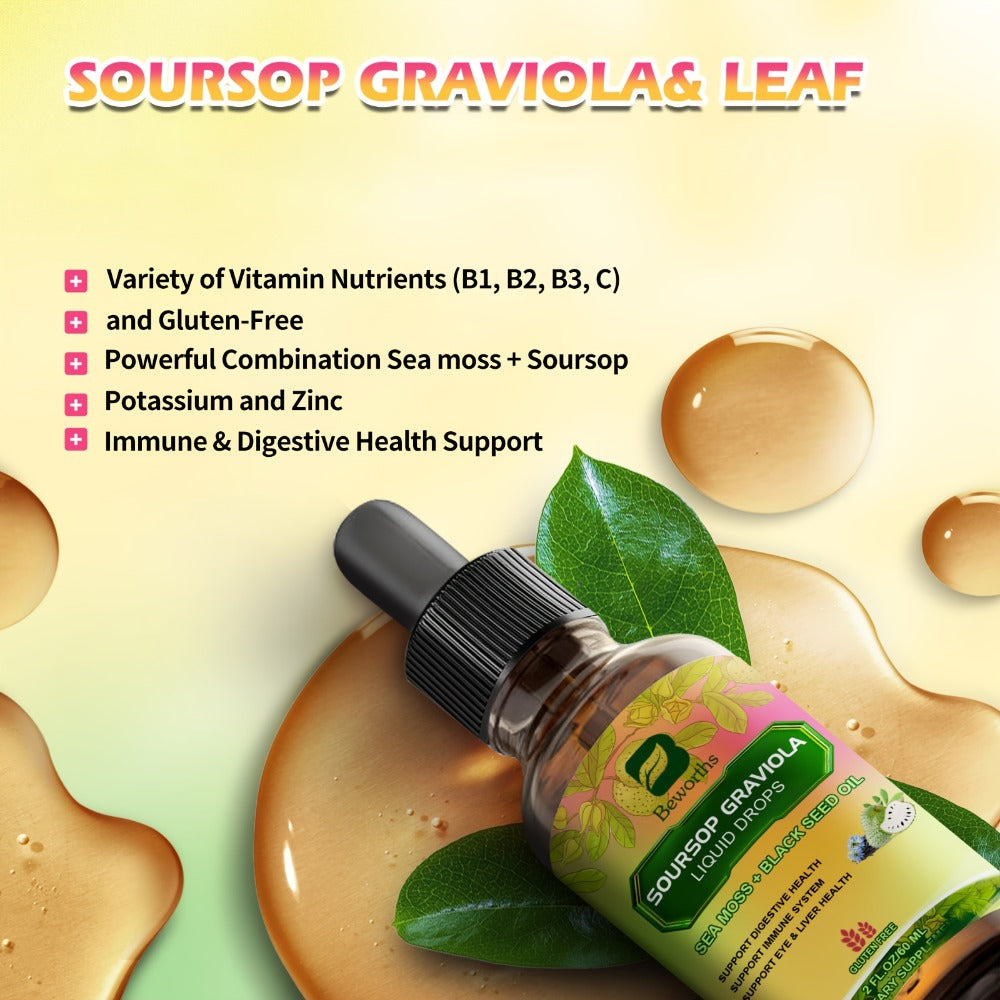 [8-IN-1 Soursop Drops] 1/3 Bottles 8-IN-1 Soursop Liquid Drops, Graviola Leaf & Fruit Complex Supplement With Sea Moss,Black Seed Oil,Elderberry,Burdock Root,Tumeric, Gluten-Free,Serene Herbs Soursop Bitters,Serene Soursop For Daily Health & Wellness