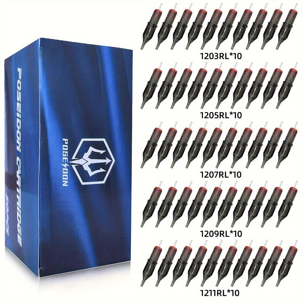Tattoo Cartridge Needles with Poseidon Label, 50-Piece Long-Taper Round Liner Assorted Pack