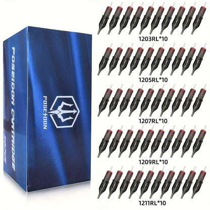 Tattoo Cartridge Needles with Poseidon Label, 50-Piece Long-Taper Round Liner Assorted Pack
