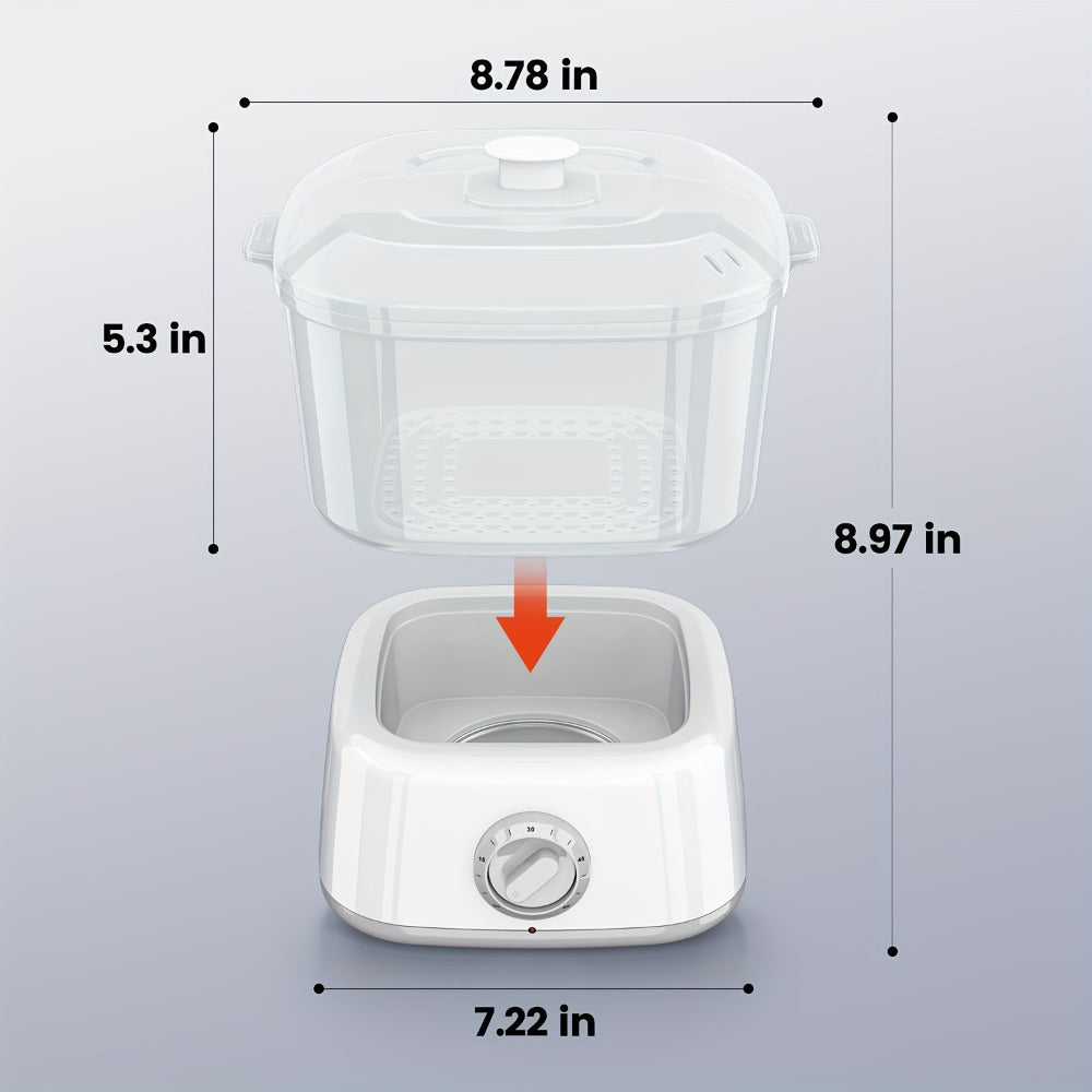 Compact Countertop Towel Steamer with Rotary Control, Black or White Base and Removable Clear Container