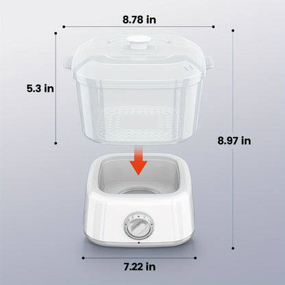 Compact Countertop Towel Steamer with Rotary Control, Black or White Base and Removable Clear Container