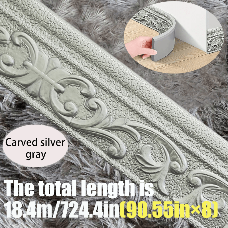 Carved Foam Baseboard Wall Trim Sticker in White, Silver Gray, Copper or Golden, Available in 4, 8 or 12 Rolls