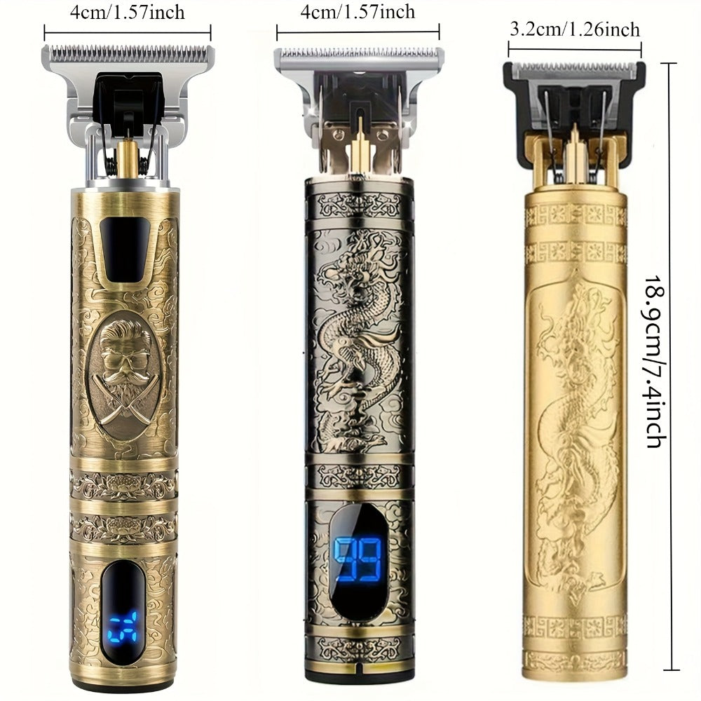 Hair Clipper Vintage T-Blade Cordless Trimmer with LCD Power Display and Dragon or Buddha Designs