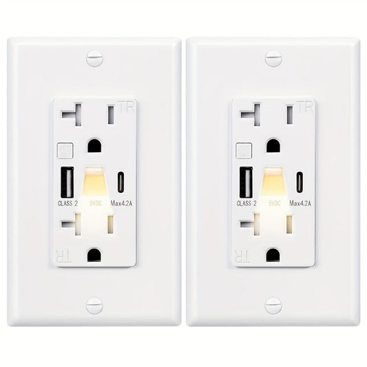 USB Wall Outlet with Night Light 20A 125V Tamper-Resistant - Type A & Type C Ports 5V 4.2A Fast Charging - ETL Listed USB C Electrical Outlet with Wallplate Included - White Smart USB Socket