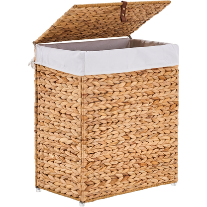 Laundry Basket with Lid & Handles - Handwoven Water Hyacinth Wicker Hamper, Removable Cotton Liner, 2 Mesh Bags, Boho Style, 9.25/17.17/25.1 Gal with Optional Casters