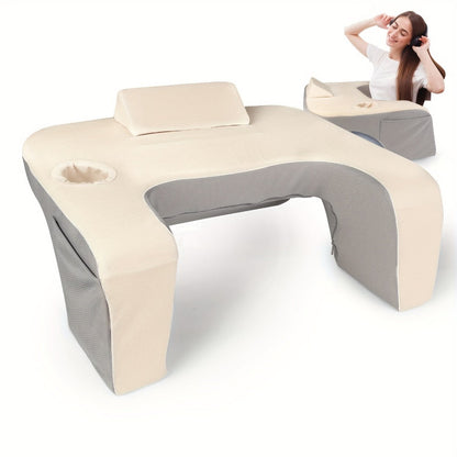 Gray Reading Lap Cushion with Armrests, Cup Holder, Side Pocket and Removable Top Pad for Bed or Sofa