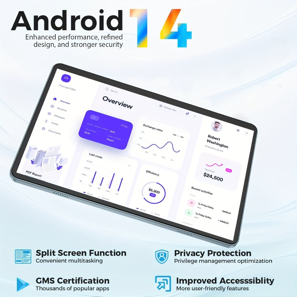 Android Tablet 10-Inch with Android 14, Octa-Core CPU, Dual-Band WiFi and Keyboard Mouse Bundle