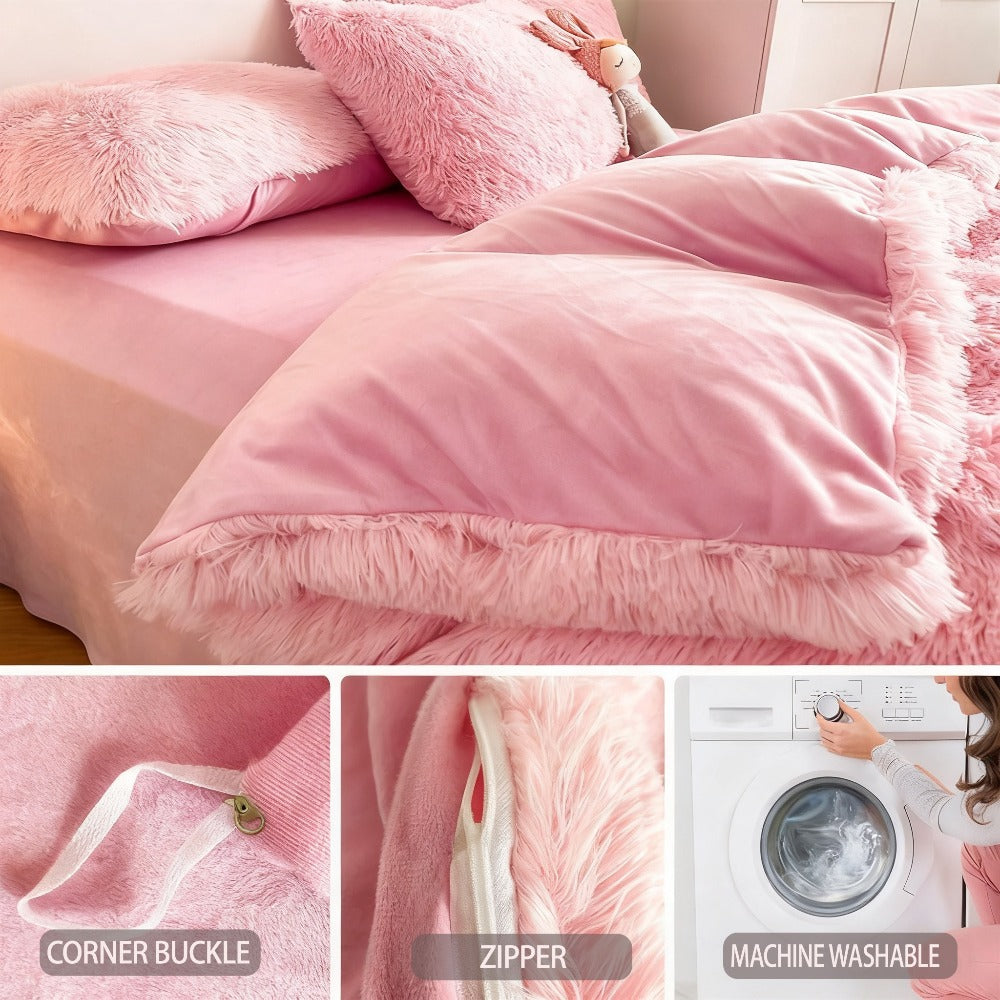 Plush Four-Piece Duvet Cover Set with Bed Sheet, Two Pillowcases, Queen or King Size and Eight Colors