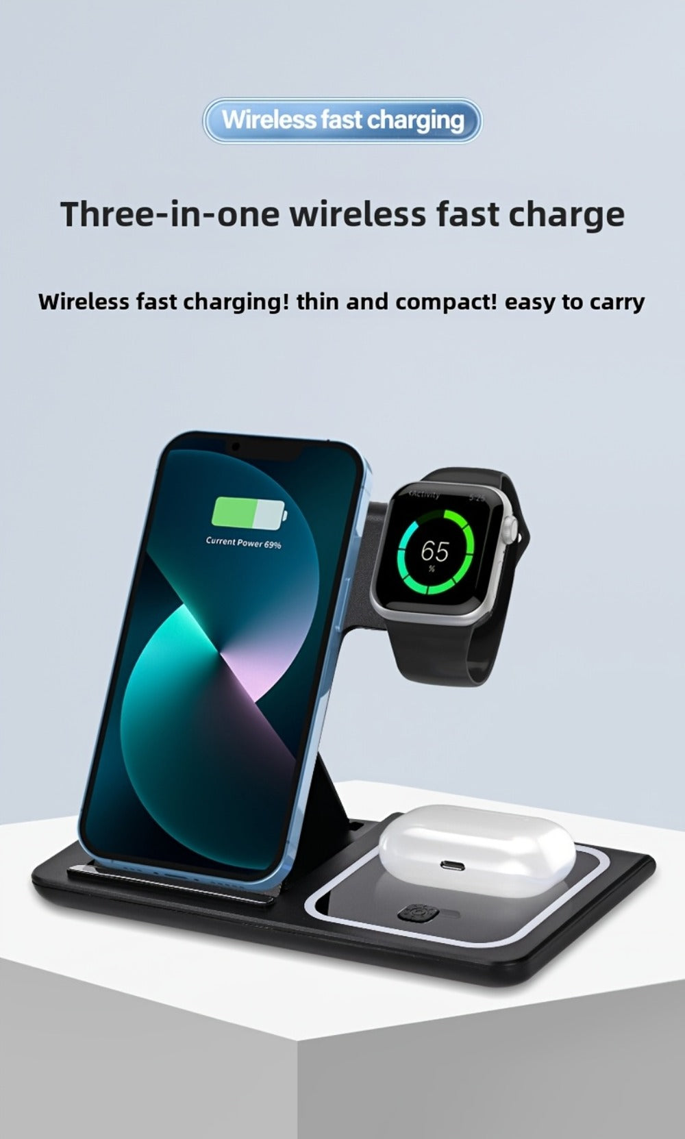 3-in-1 Wireless Charging Station with QC3.0 Adapter Included 15W Fast Charge – Upright Stand for iPhone 17/16/15/14/13/12/11, Apple Watch Ultra/Series 9/8/SE & AirPods | Black & White
