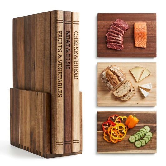 Acacia Wood Cutting Board Set 3 Piece with Stand Book Shaped Decorative Chopping Board for Vegetables Cheese Bread Meat Kitchen Gift Set