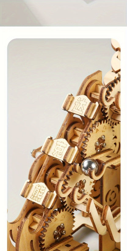 Wooden Marble Track Model Kit with Dual-Linkage A or B Builds, Laser-Cut Panels, Gears and Ball Rails