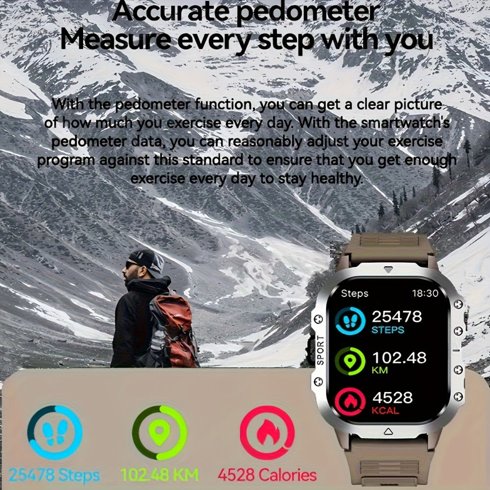 LED Flashlight Outdoor Smartwatch 2.01" Large Screen – Multi-Sport Modes, Long Battery Life, Message Alerts, Fitness Tracker – Rugged Adventure Watch Black Brown Android & iPhone