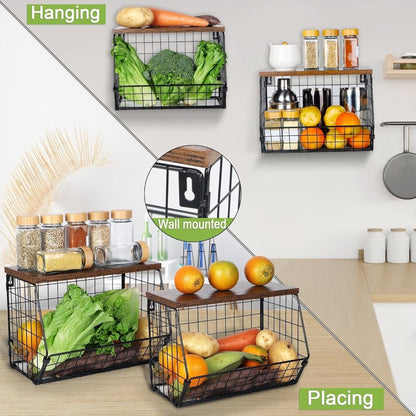 Wall-Mounted Fruit Basket with Wooden Cover - 2-Tier Metal Kitchen Storage Basket with Hooks, Stackable Hanging Organizer for Potatoes Onions Vegetables