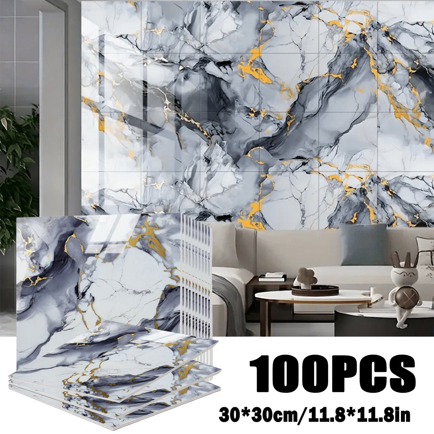 Marble Gold-Vein Wall Tile Sticker Set with 30 cm Panels, Four Colors and 50- or 100-Piece Packs