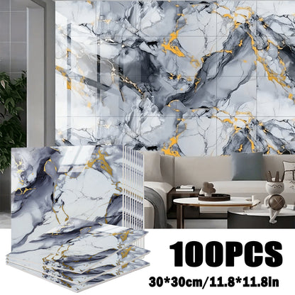 Marble Gold-Vein Wall Tile Sticker Set with 30 cm Panels, Four Colors and 50- or 100-Piece Packs