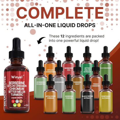 Blood Sugar Support Liquid Drops with Ceylon Cinnamon Berberine Bitter Melon Gymnema Chromium Turmeric Panax Ginseng — Vegan Glucose Metabolism Drops | 2.03 fl oz