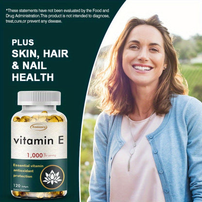 Vitamin E 1000IU Softgels 120 Count High Potency Antioxidant Supplement for Hair, Skin, Nails & Eye Health – Gluten-Free Immune Support 120-Day Supply for Women & Men