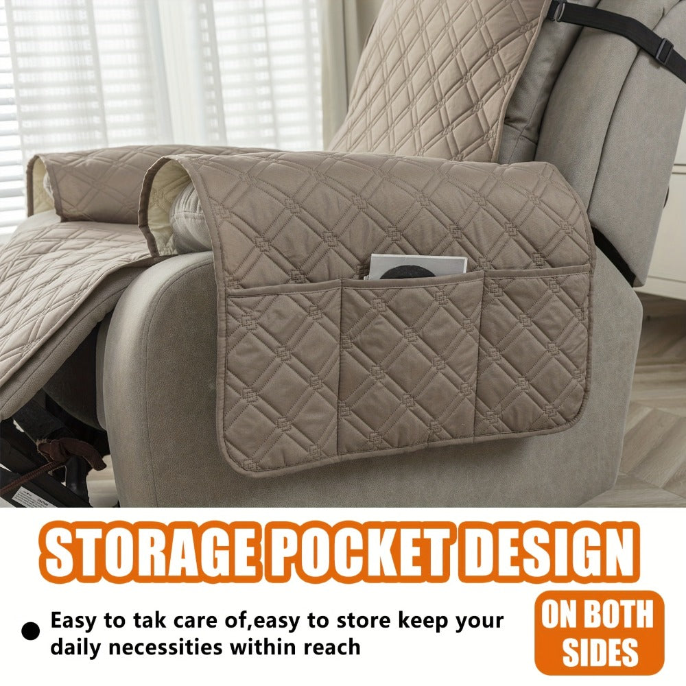 Quilted One-Piece Recliner Chair Cover with Side Pockets, Back Buckle Strap and 11 Color Options