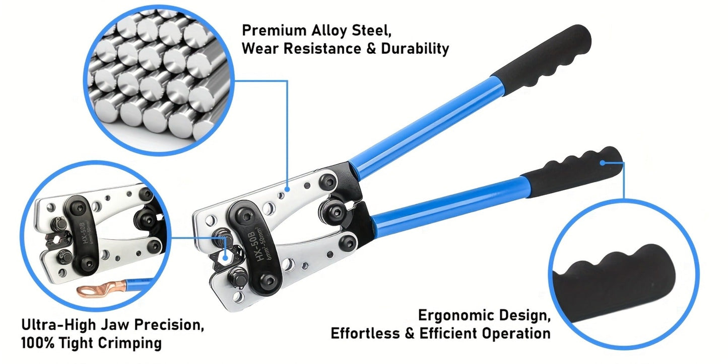 Battery Cable Lug Crimping Tool Set AWG 8-1/0 Heavy-Duty Ratchet Crimper with Copper Wire Lugs, Heat Shrink Tubing, Cable Cutter & Work Gloves for Automotive Marine Electrical Wiring