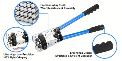 Battery Cable Lug Crimping Tool Set AWG 8-1/0 Heavy-Duty Ratchet Crimper with Copper Wire Lugs, Heat Shrink Tubing, Cable Cutter & Work Gloves for Automotive Marine Electrical Wiring
