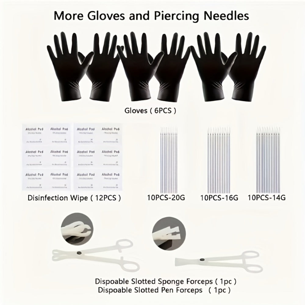 Piercing Kit Professional Stainless Steel Body Piercing Set with Needles Clamps & Tools — Complete DIY Home Piercing Supplies for Ear Nose Navel Lip Tongue Cartilage Septum