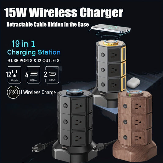 Power Strip Tower with 12 AC Outlets, 4 USB-A, 2 USB-C, 15W Magnetic Wireless Charger and 5.5-Foot Retractable Cord