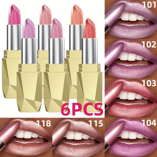 Shimmer Lipstick Set 6 Piece Waterproof Long Lasting Glossy Lip Color Coral Pink Red Purple Shades Makeup Kit for Women Travel Party Daily All Day Wear Gift